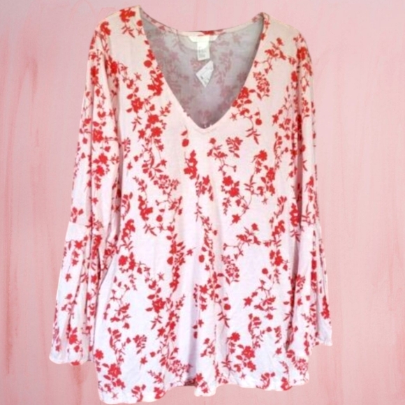 H & M Red & Pink Floral V Neck Top Sz Large - Picture 1 of 4